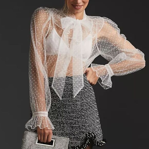 Anthropologie Dolan White Sheer Swiss Dot Tie-Neck Button Up Top Small - Picture 1 of 10